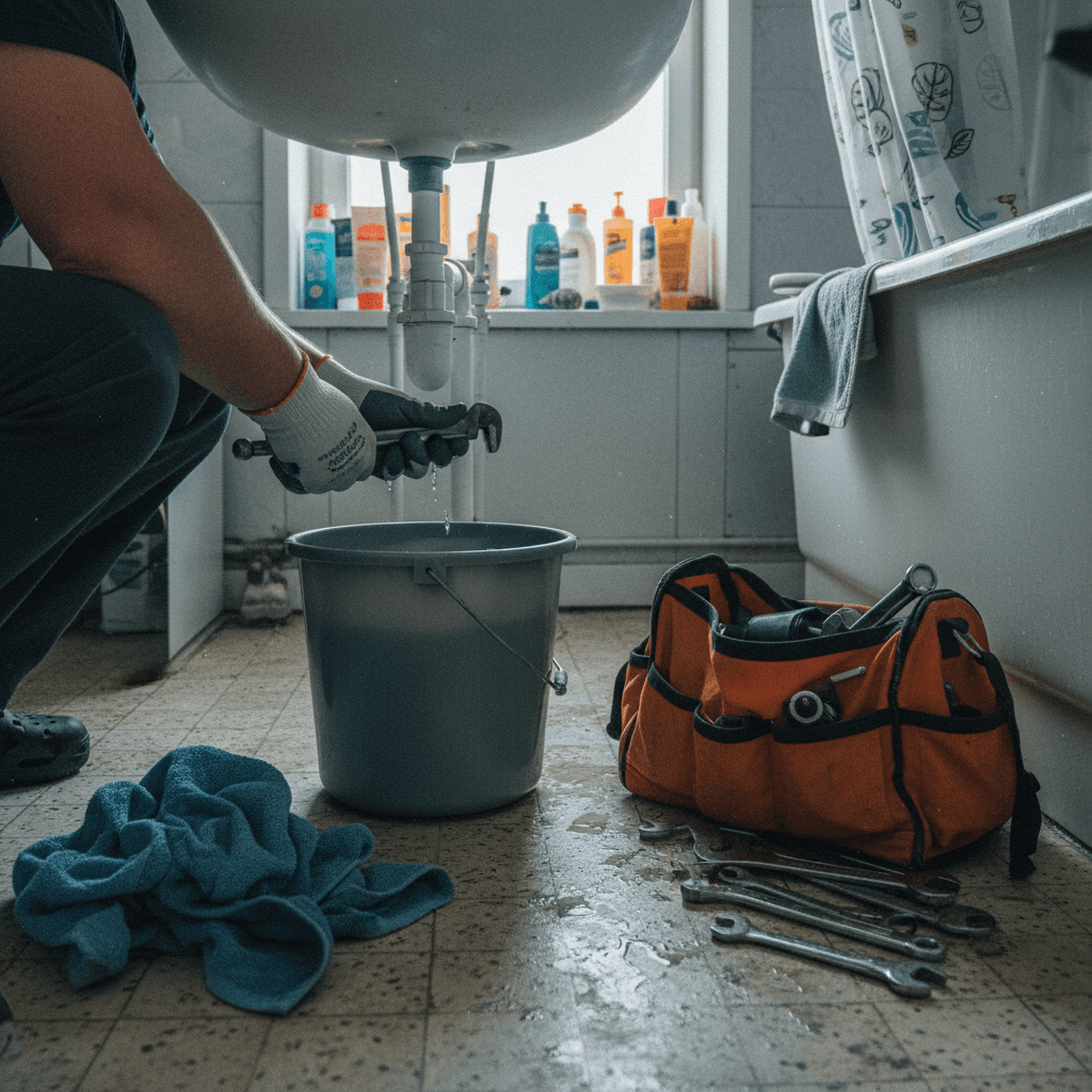 Installateur führt Wartungsarbeiten an einem Siphon durch, während ein Eimer bereitsteht.