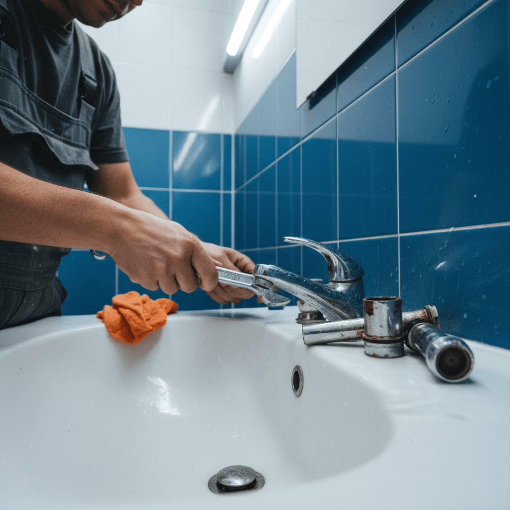 Nahaufnahme einer Armatur: Kartusche und Werkzeug liegen auf einem Tuch, ein Monteur prüft die Dichtung