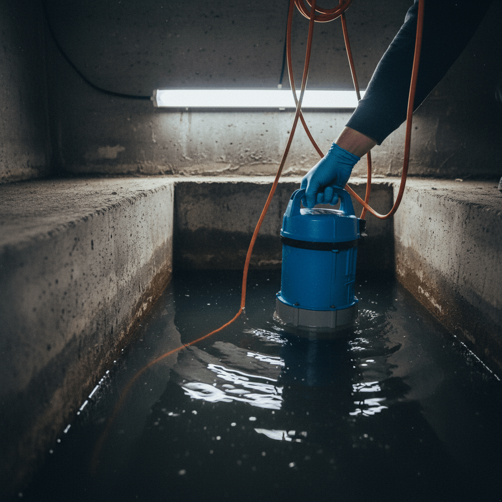 Techniker installiert eine neue Pumpe in einem Schacht und verbindet sie mit dem Abwassersystem.