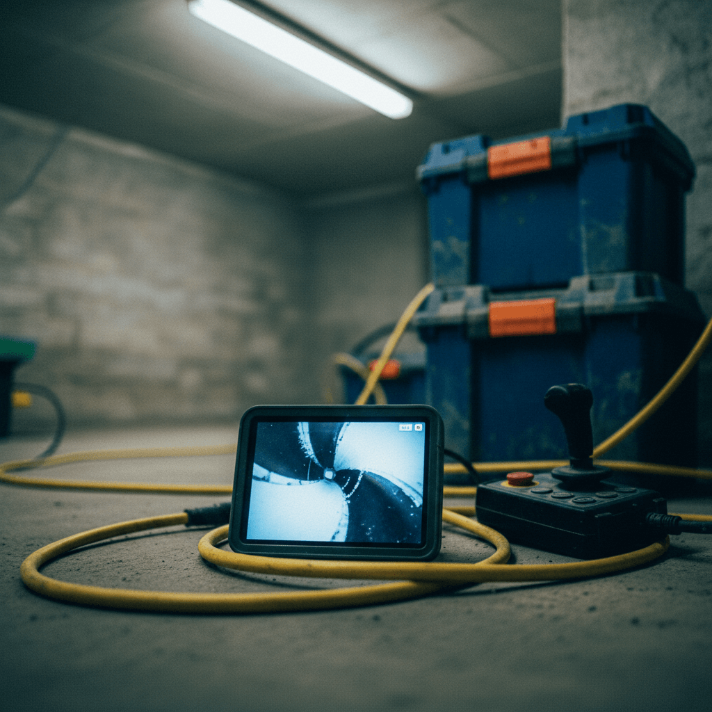 Techniker führt Kamerainspektion im Rohr durch