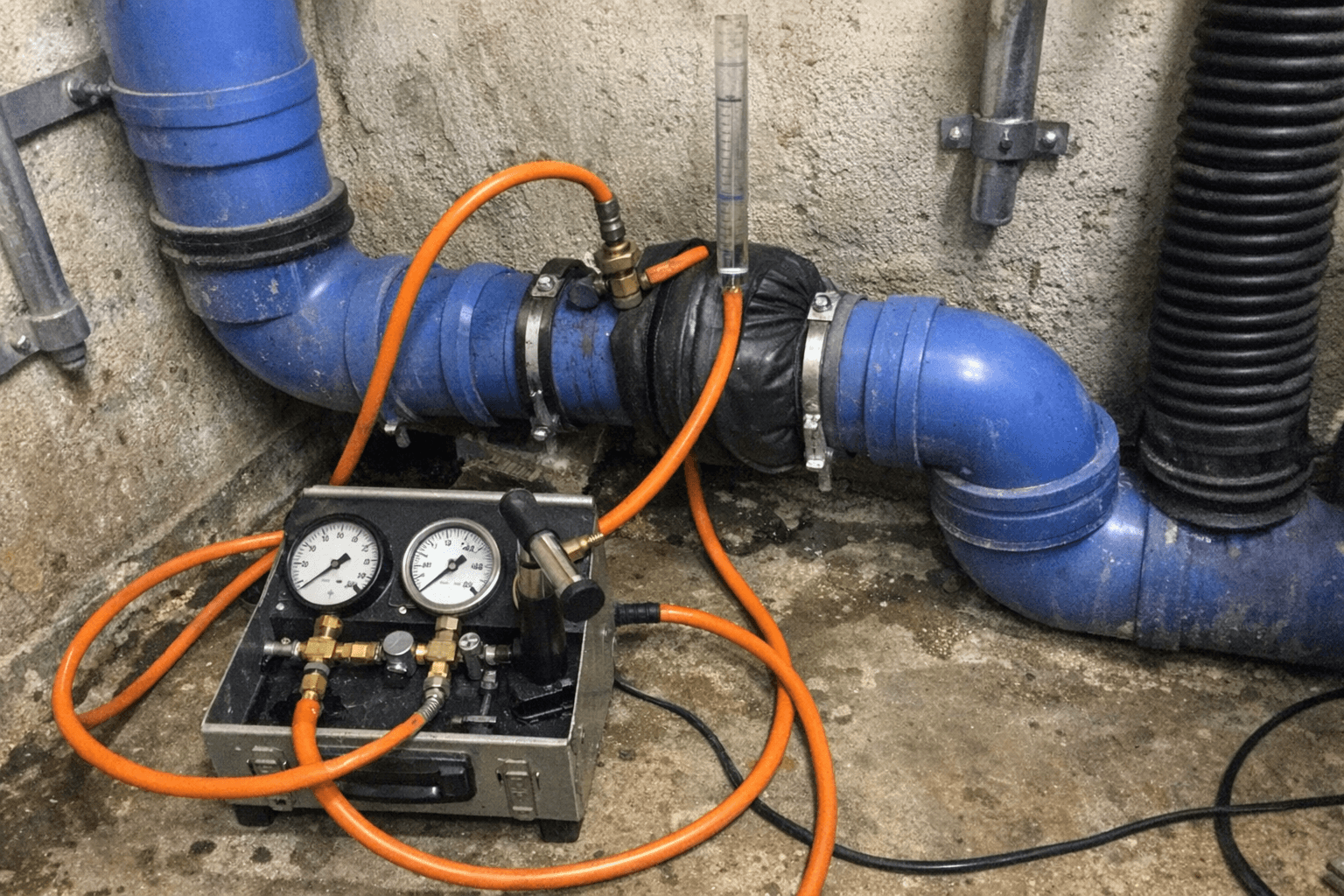 Messgeräte werden zur Überprüfung einer Abwasserleitung in einem Technikraum eingesetzt.