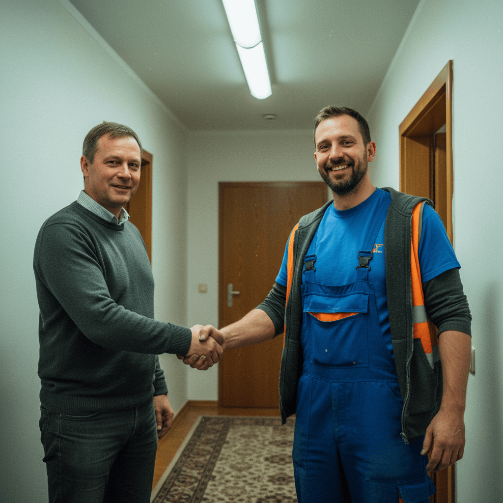 Sanitärtechniker erklärt einem Kunden den Ablauf zu seinem Einsatz vor einem Firmenfahrzeug